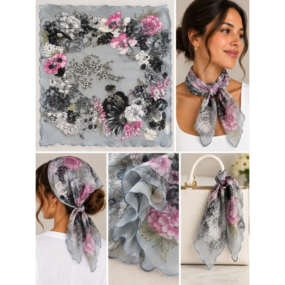 Floral Square Scarf Women OS Blue Pink Sheer Scalloped Lettuce Edge